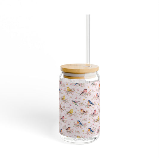 16oz Glass Sipper with Cute Watercolor Birds — Reusable Straw Tumbler
