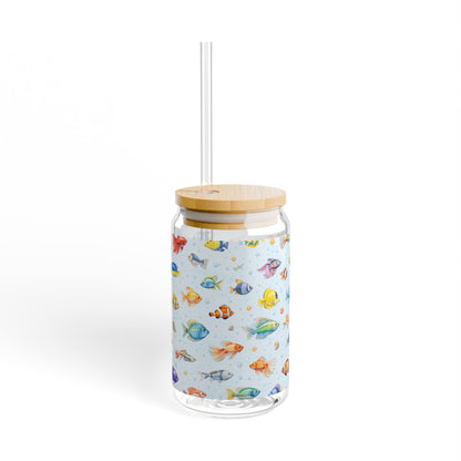 16oz Fish Pattern Sipper Glass – Reusable Bamboo-Lid Tumbler with Straw