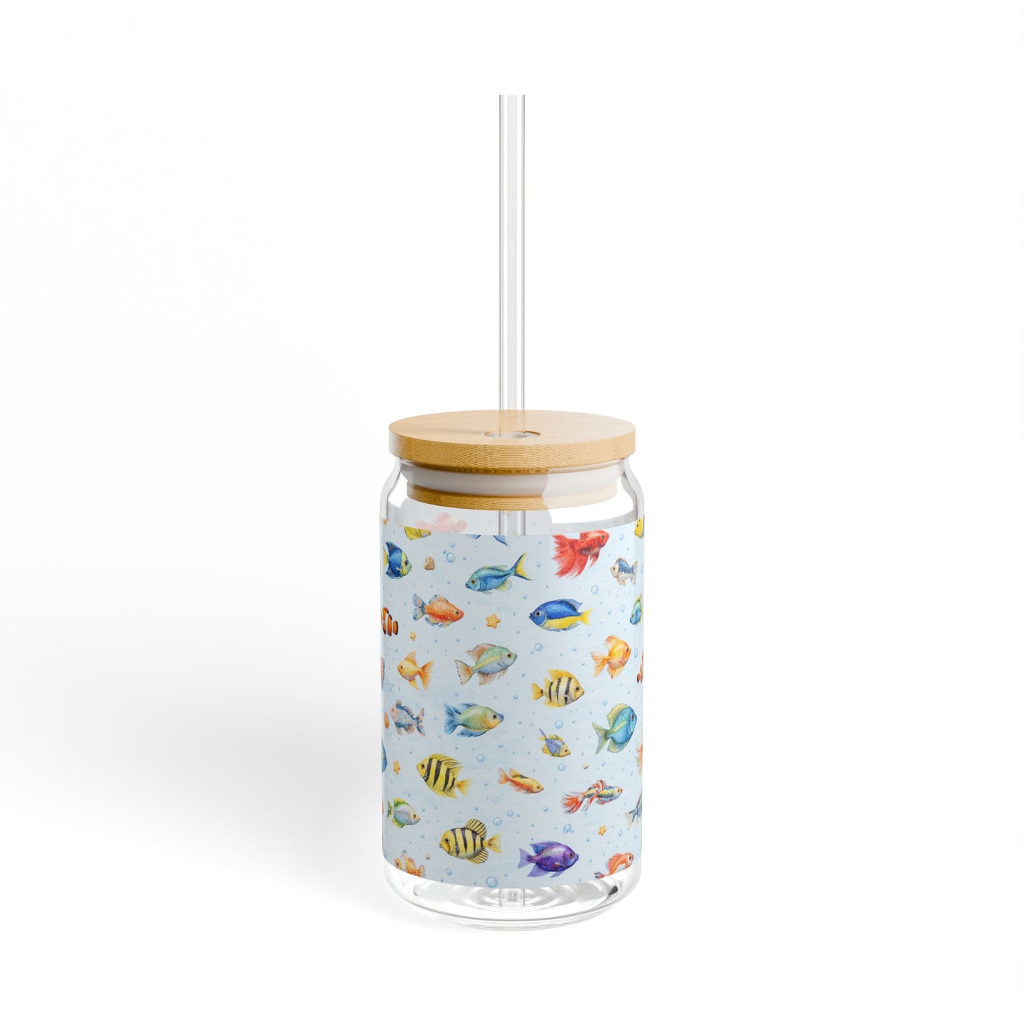 16oz Fish Pattern Sipper Glass – Reusable Bamboo-Lid Tumbler with Straw