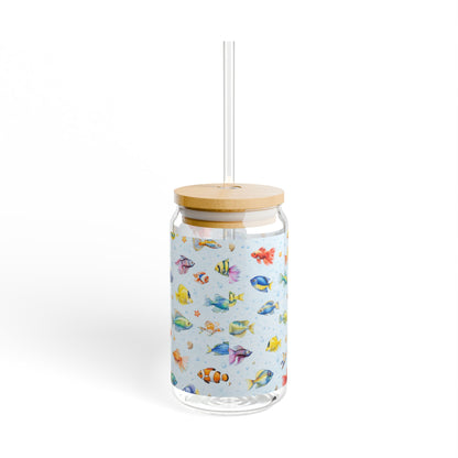16oz Fish Pattern Sipper Glass – Reusable Bamboo-Lid Tumbler with Straw