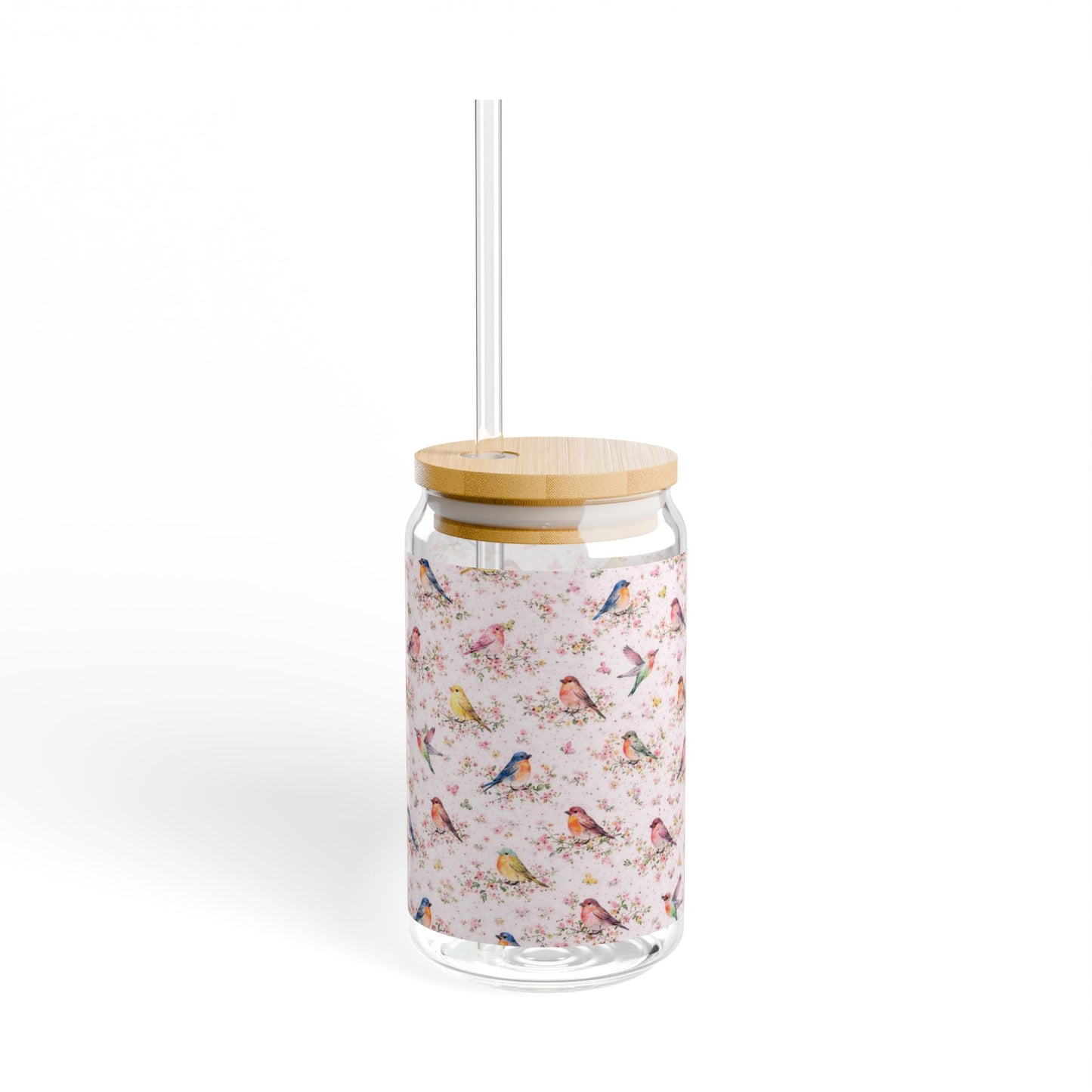 16oz Glass Sipper with Cute Watercolor Birds — Reusable Straw Tumbler