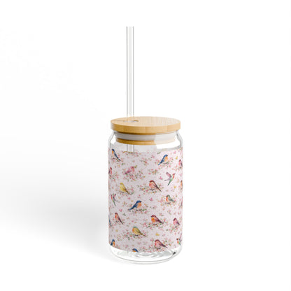 16oz Glass Sipper with Cute Watercolor Birds — Reusable Straw Tumbler