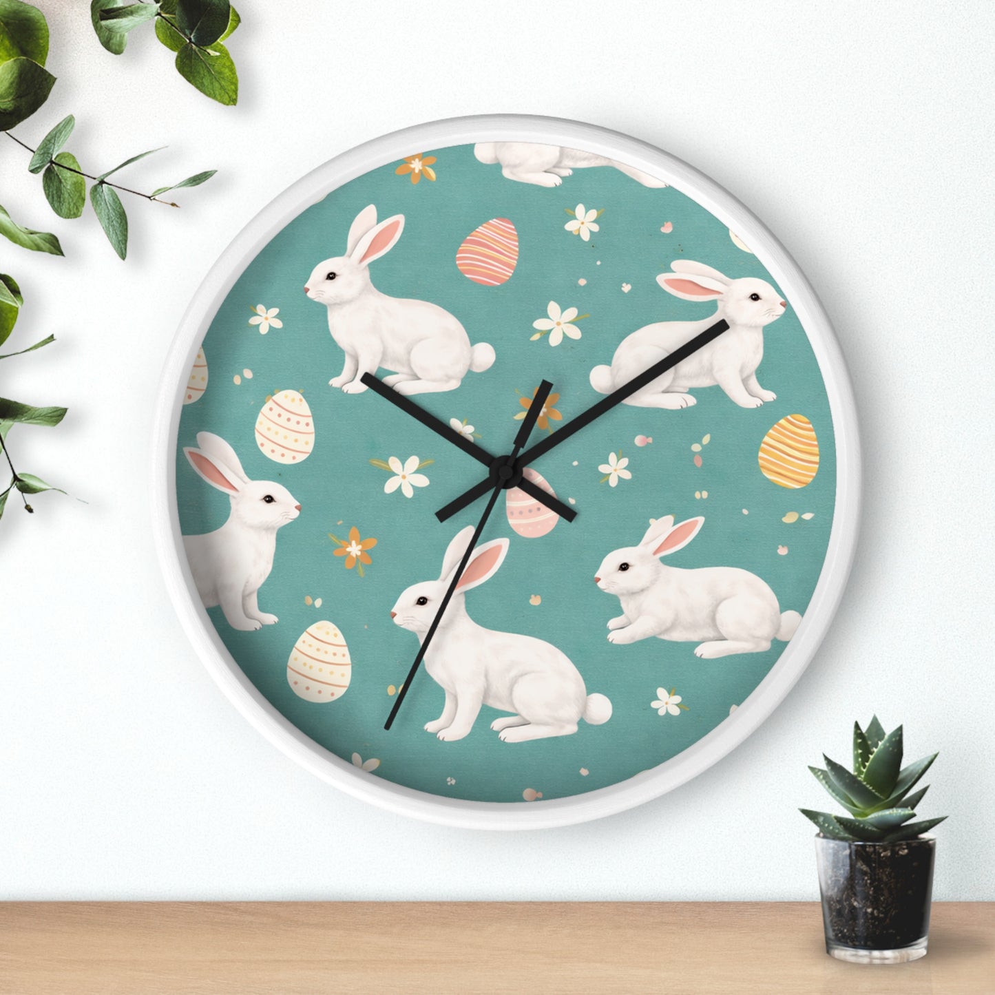 Easter Bunny Wall Clock — Pastel Rabbits & Eggs Decorative Clock