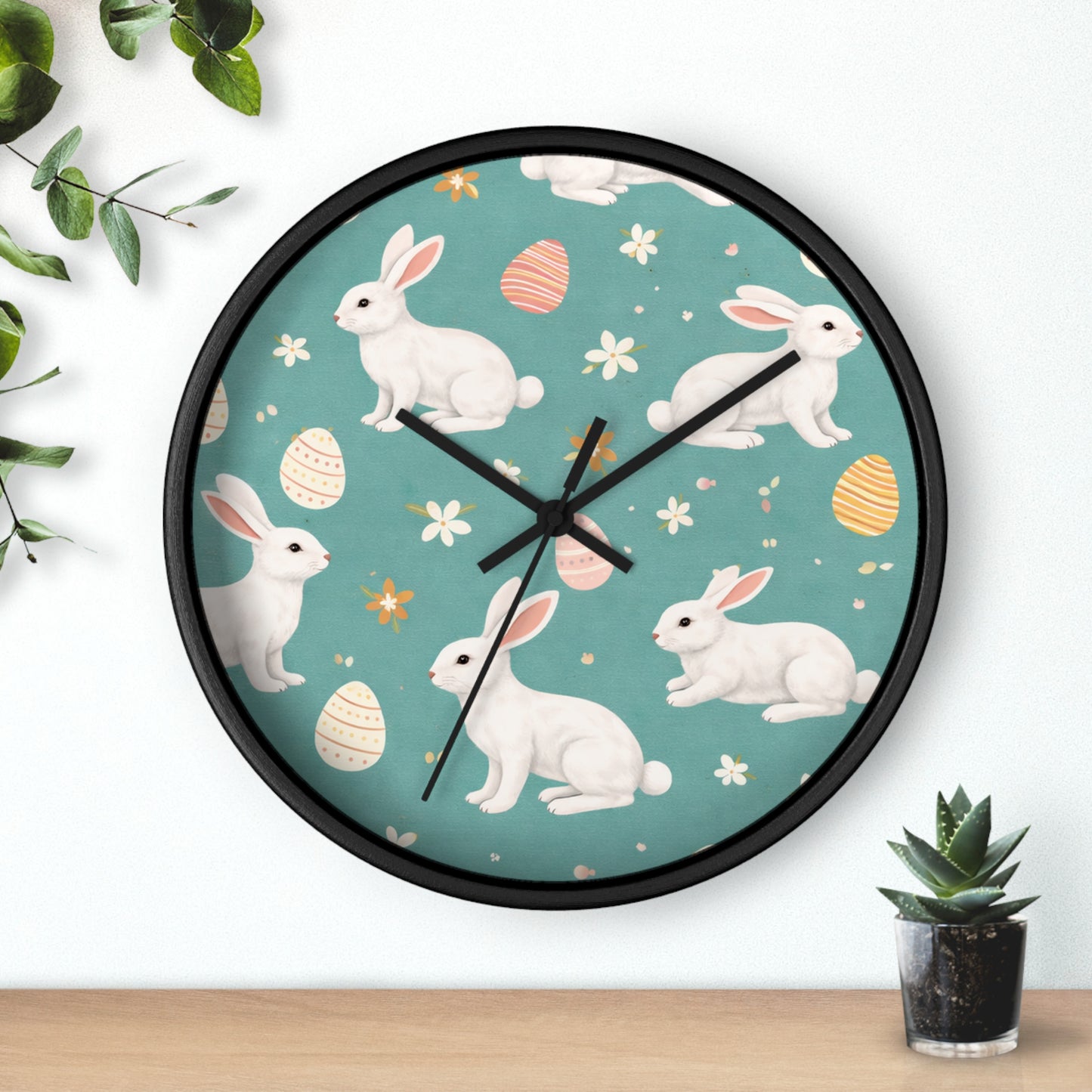 Easter Bunny Wall Clock — Pastel Rabbits & Eggs Decorative Clock