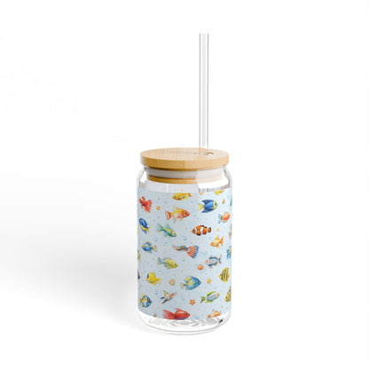 16oz Fish Pattern Sipper Glass – Reusable Bamboo-Lid Tumbler with Straw