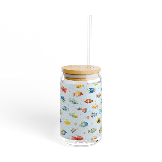 16oz Fish Pattern Sipper Glass – Reusable Bamboo-Lid Tumbler with Straw