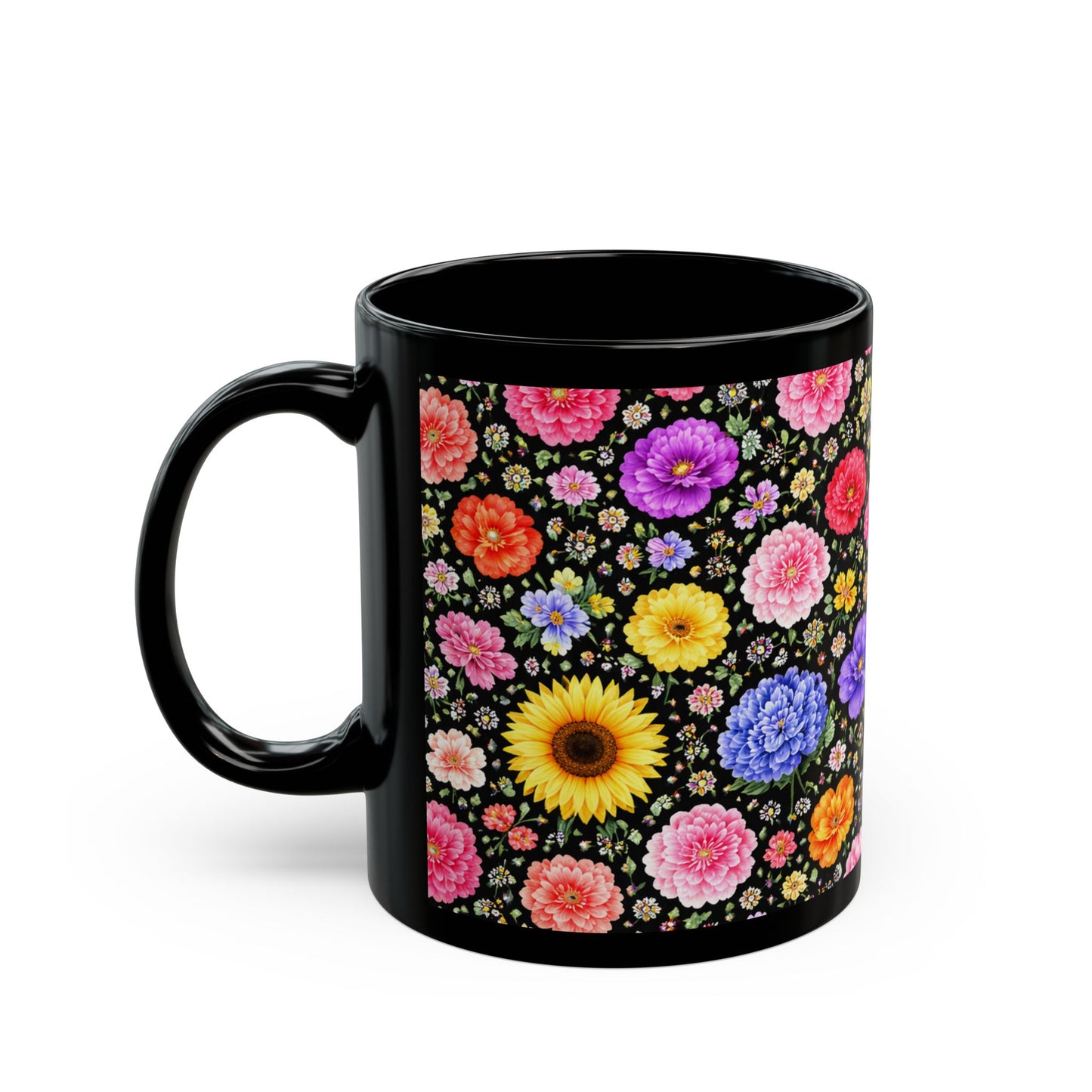 Floral Pattern Black Mug – Colorful Garden Flowers Coffee Cup (11oz/15oz)