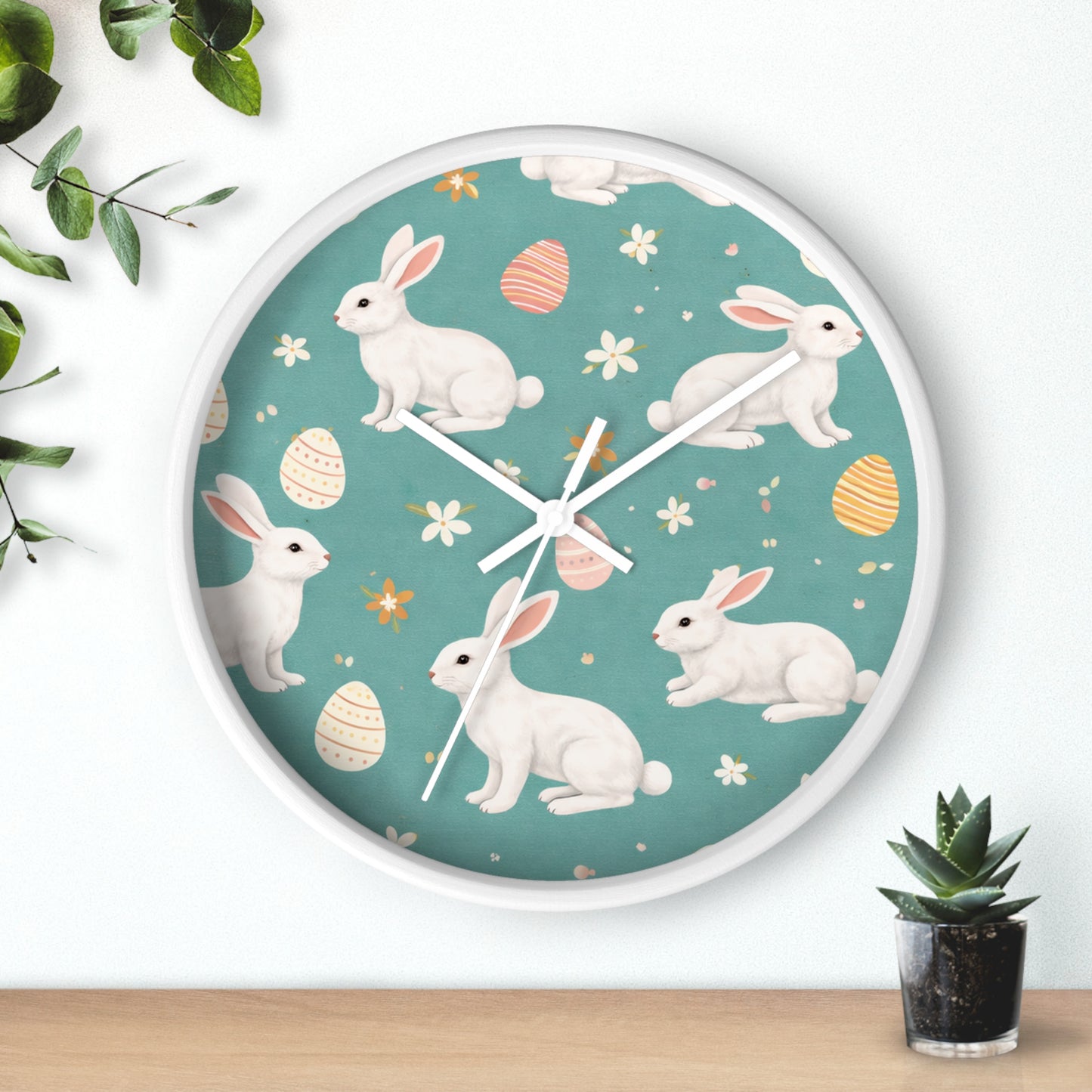 Easter Bunny Wall Clock — Pastel Rabbits & Eggs Decorative Clock