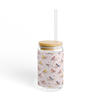 16oz Glass Sipper with Cute Watercolor Birds — Reusable Straw Tumbler
