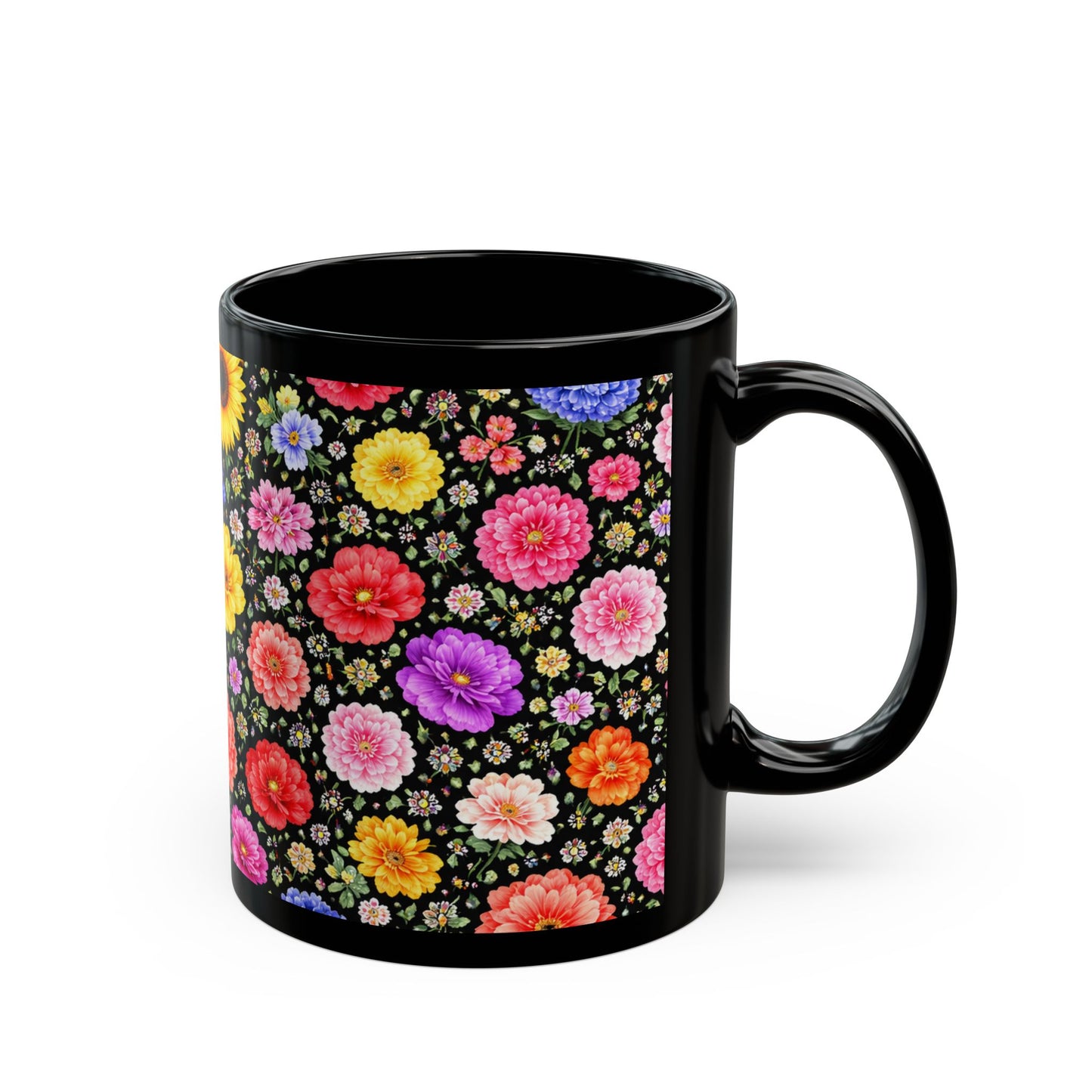 Floral Pattern Black Mug – Colorful Garden Flowers Coffee Cup (11oz/15oz)
