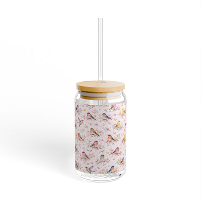 16oz Glass Sipper with Cute Watercolor Birds — Reusable Straw Tumbler
