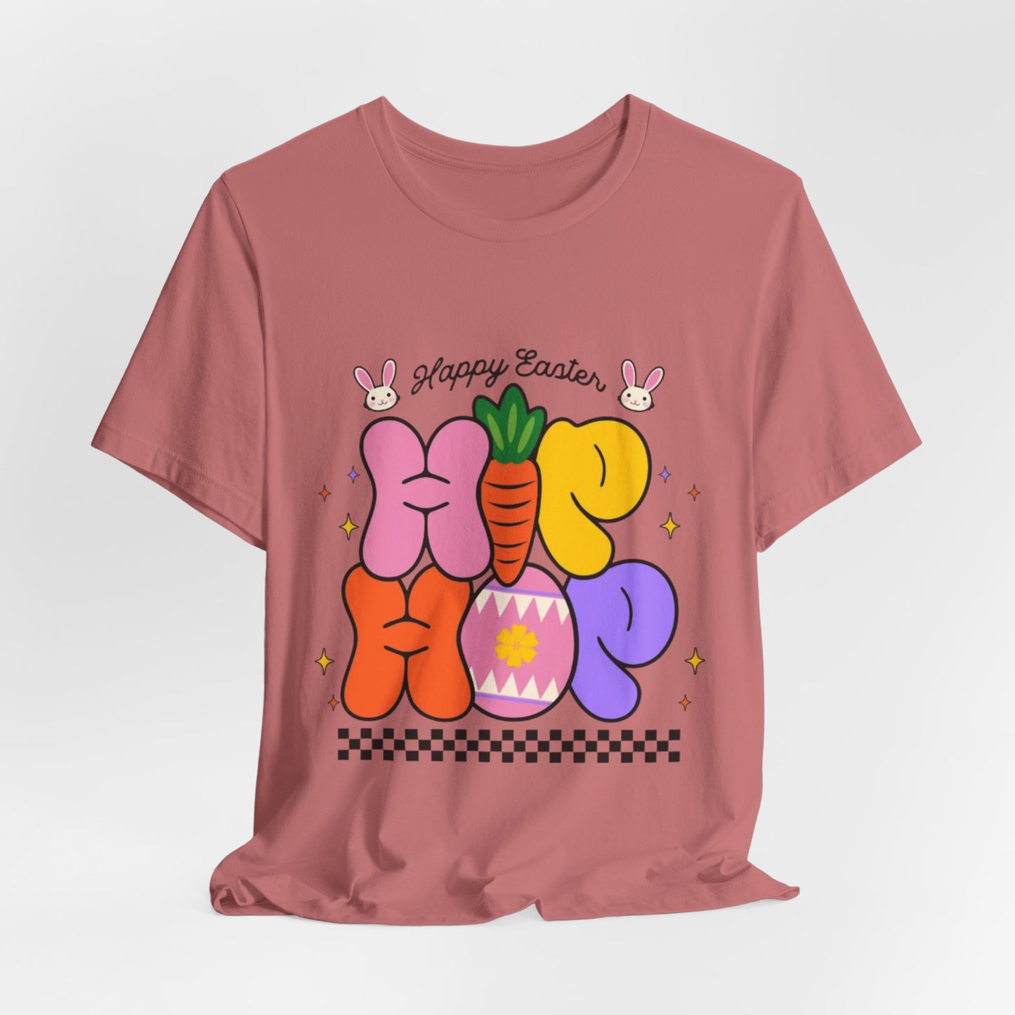Happy Easter Hip Hop Tee — Colorful Bunny, Carrot & Egg Graphic T-Shirt
