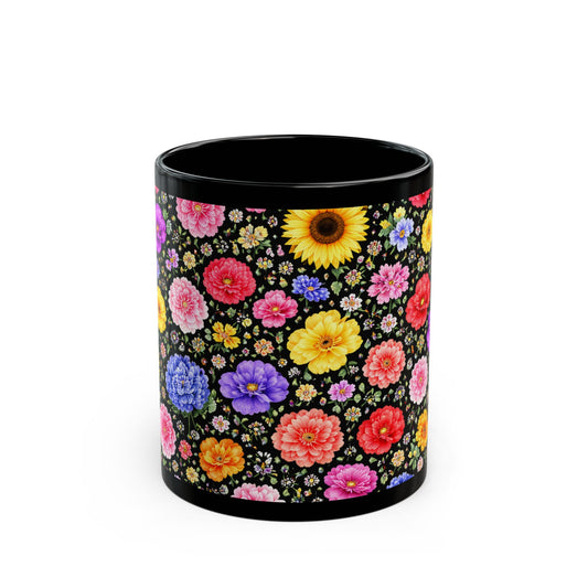Floral Pattern Black Mug – Colorful Garden Flowers Coffee Cup (11oz/15oz)