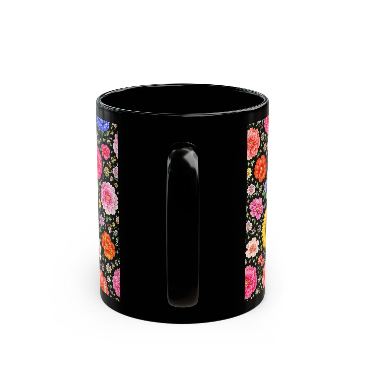 Floral Pattern Black Mug – Colorful Garden Flowers Coffee Cup (11oz/15oz)